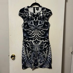 Alexander McQueen, blue, dark grey, white dress in signature silhouette. Size L